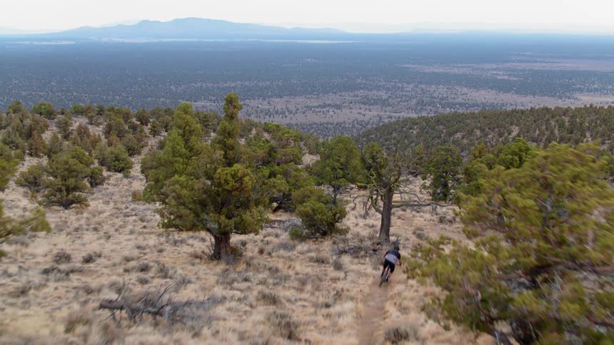A person rides a mountain bike down a hillside trail
