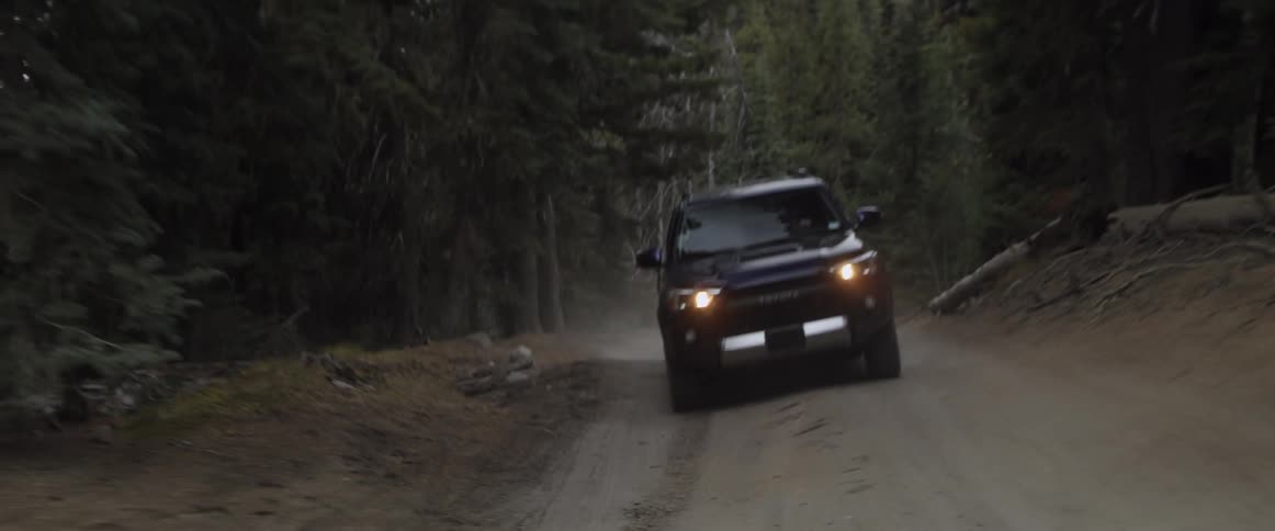 Jeep drives on a bumpy country road surrounded by trees