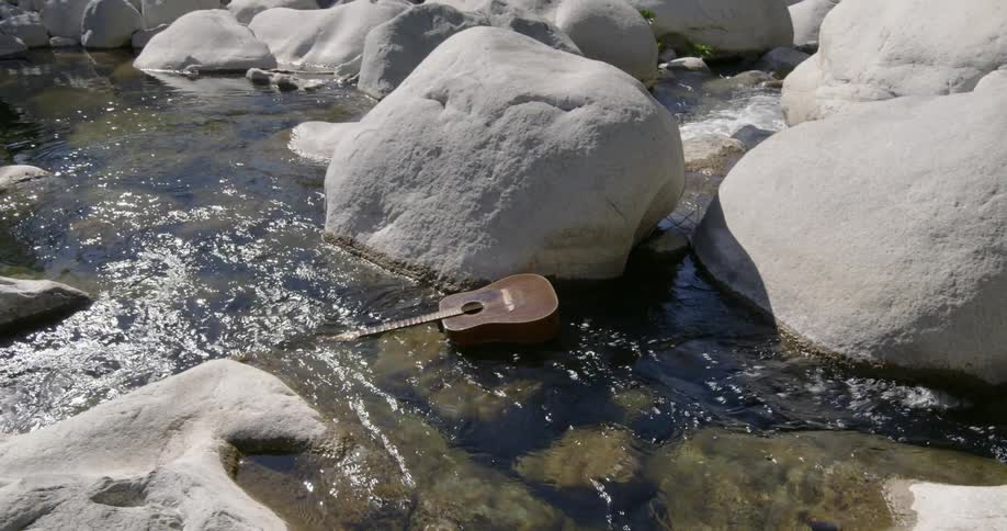 A guitar floats down a stream