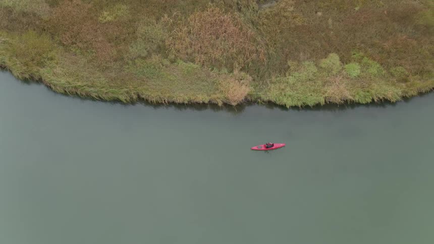 A person rows a pink kayak close to shore
