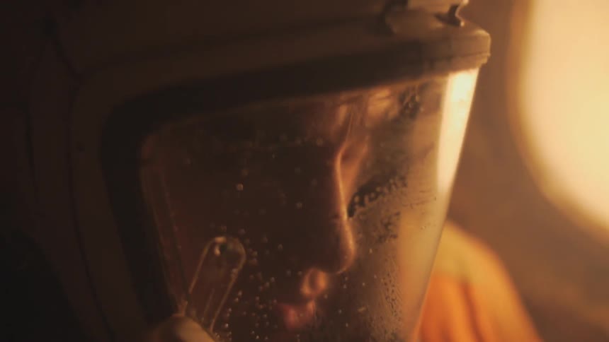 A white man huffs and puffs while wearing a helmet with a clear visor