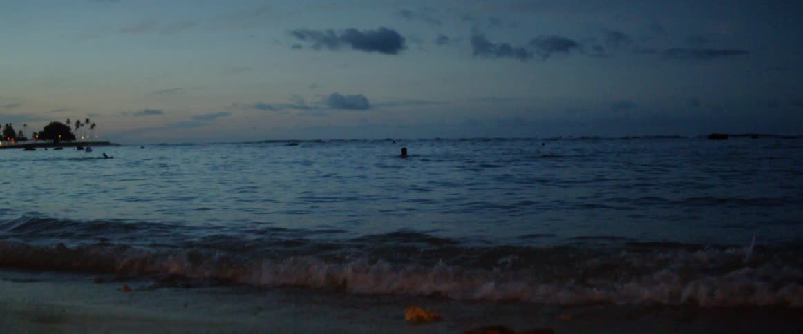 People are swimming in the ocean at dusk
