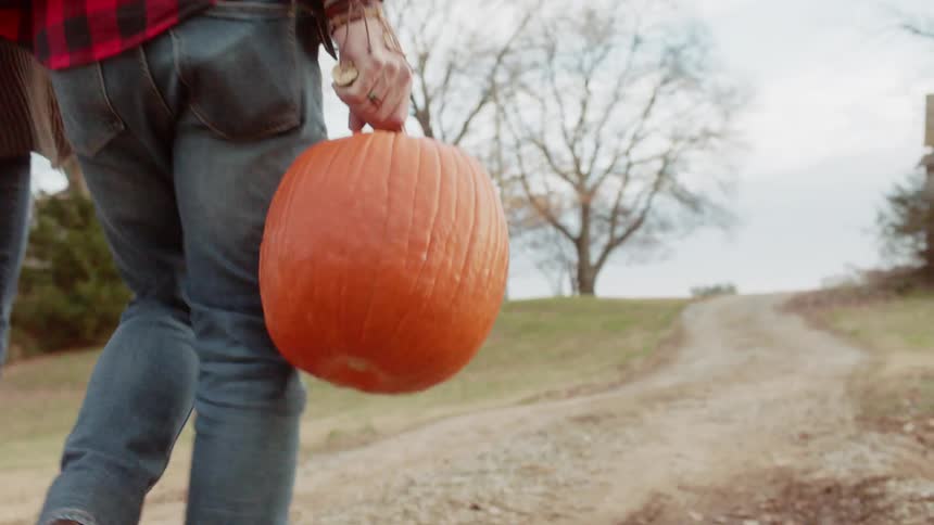A man and woman walk while carrying pumpkins