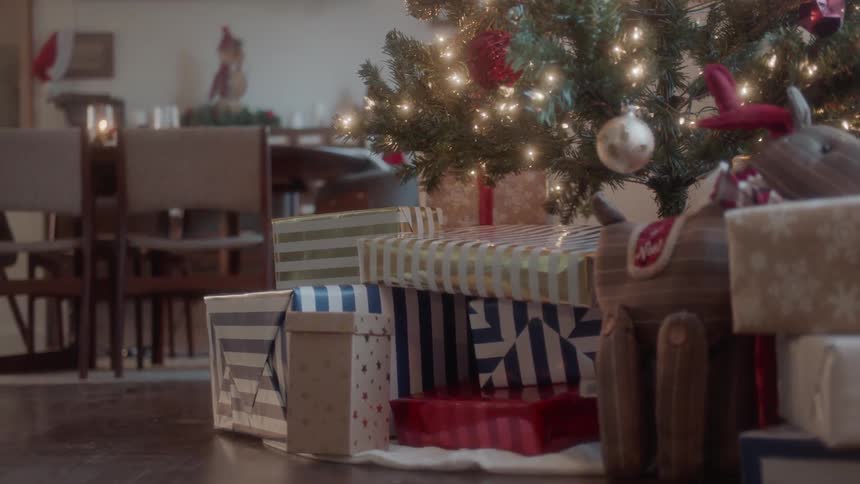 Christmas presents sit beneath a tree