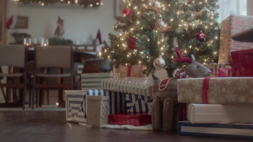 Presents sit beneath a christmas tree