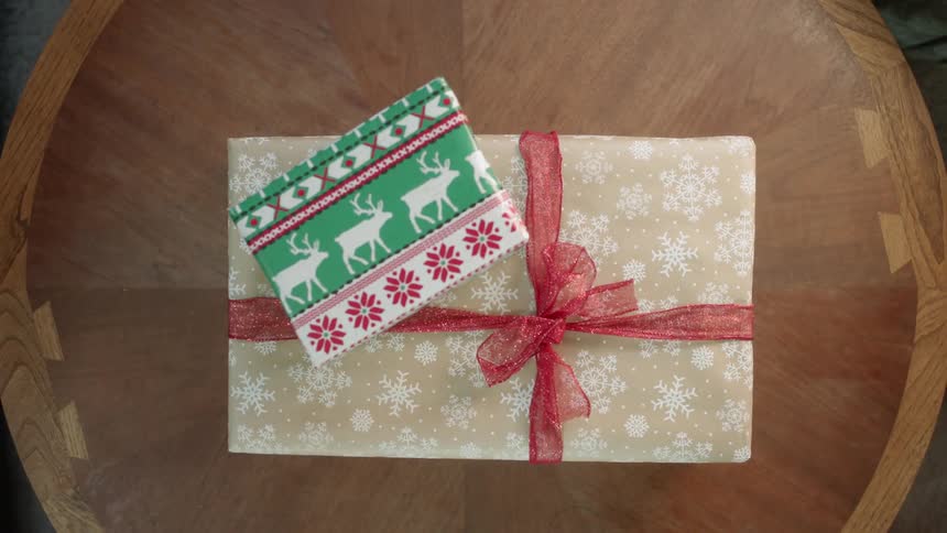 Christmas presents are placed on a table