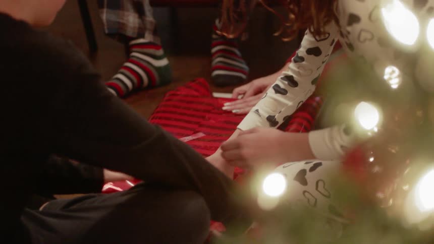 A family wraps a gift next to a christmas tree