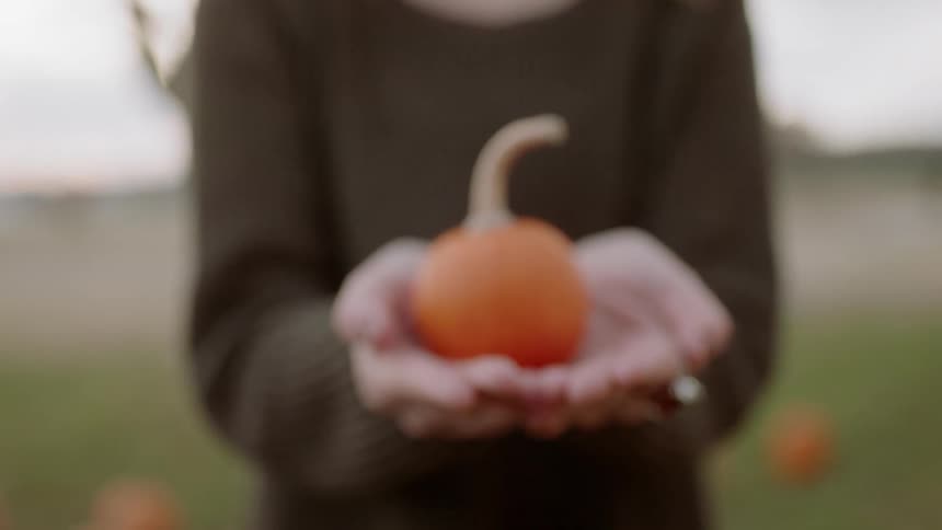 A woman is holding a small pumpkin in her hands