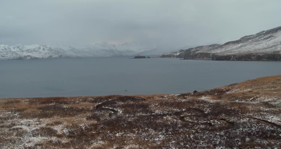 Snowy mountains sit next to the sea