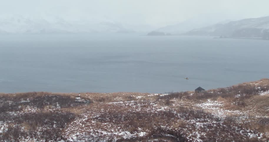 A person is paddling a kayak along a coastline in winter