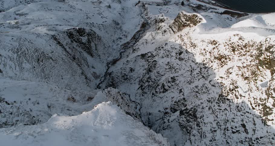 A ravine in the midst of snow covered mountains