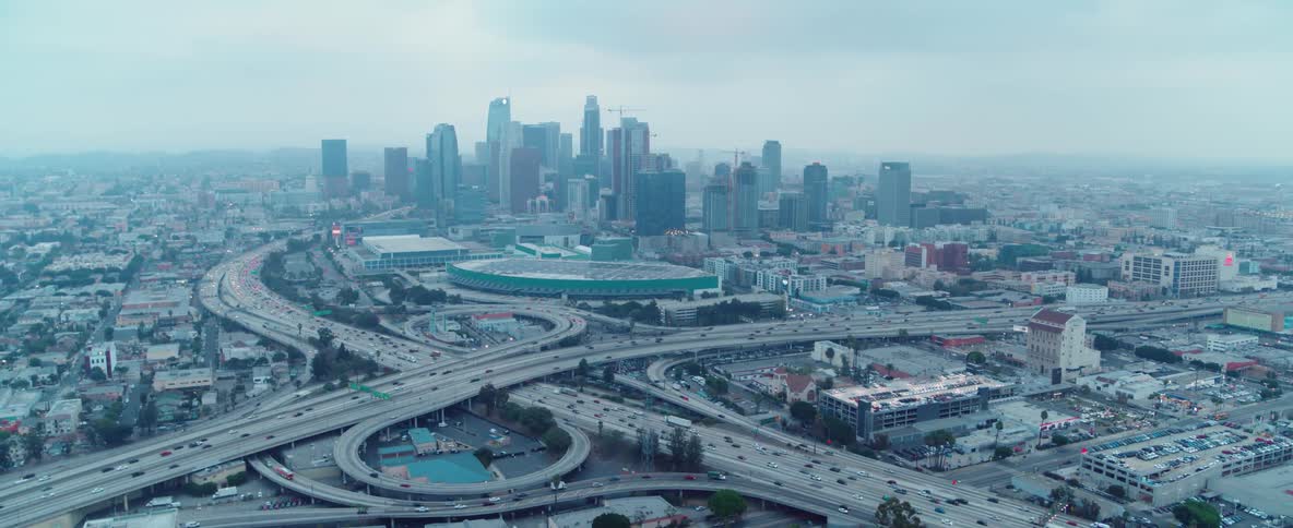 A view from a plane of the los angeles city skyline