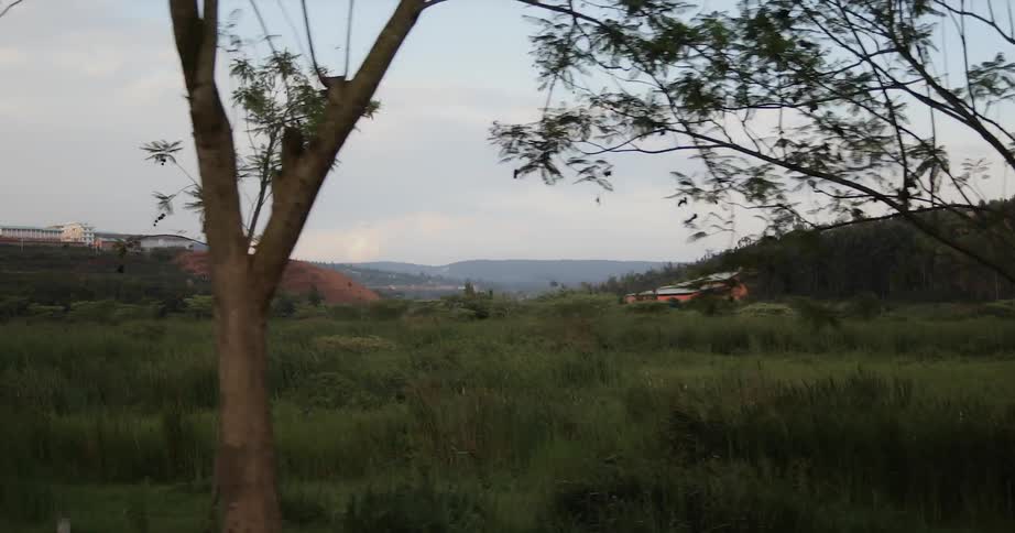 A car drives in a rural area