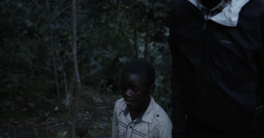 A man and boy are walking through the woods at night