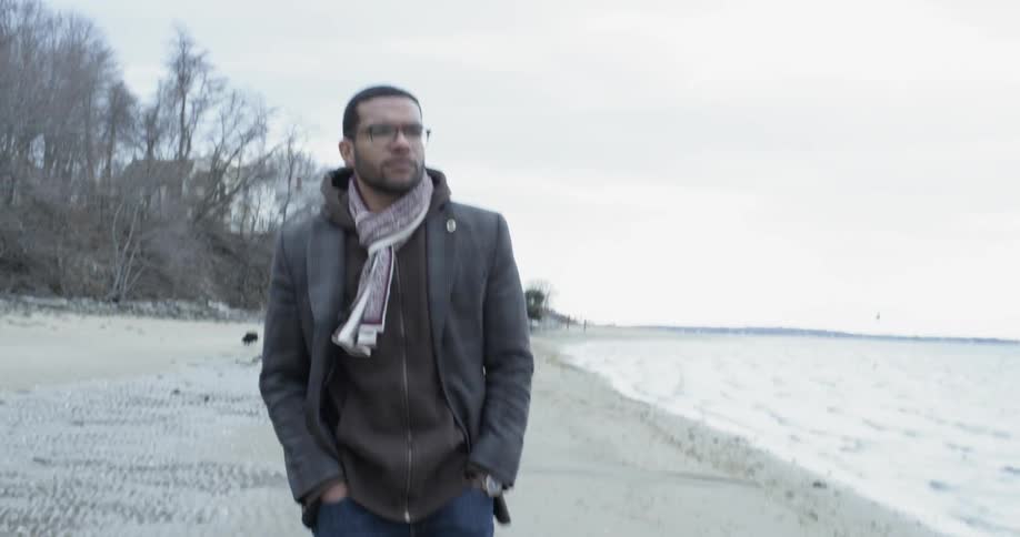 A man walks on a lakeshore on a windy day
