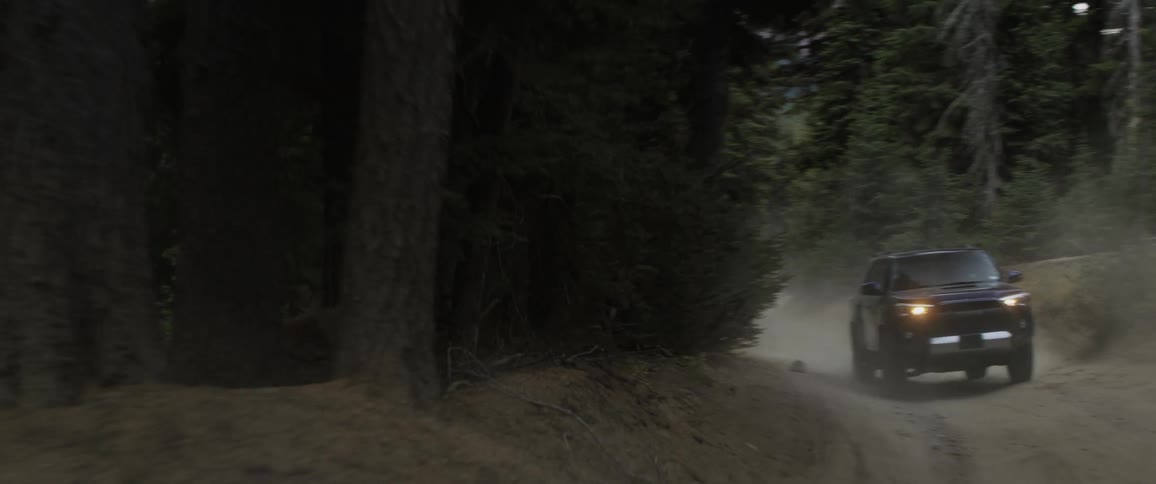 A vehicle drives on a dirt forest road