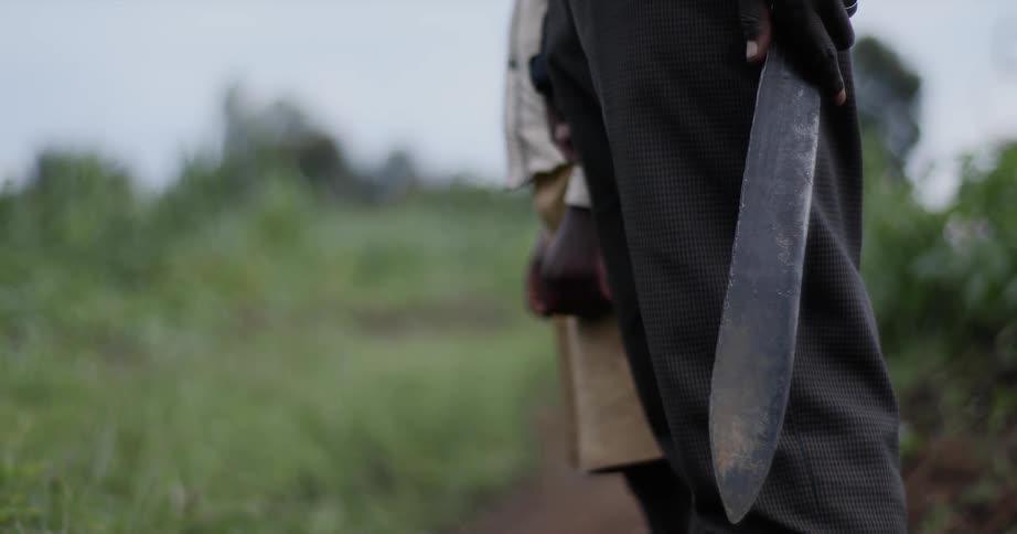 A man carrying a machete is standing next to a boy in a field during the day