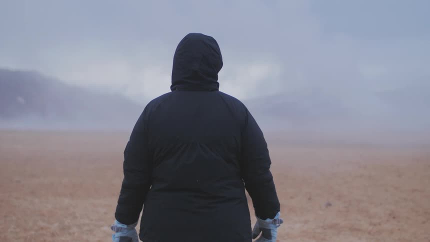 Person walking across a baron field towards a foggy area in the distance