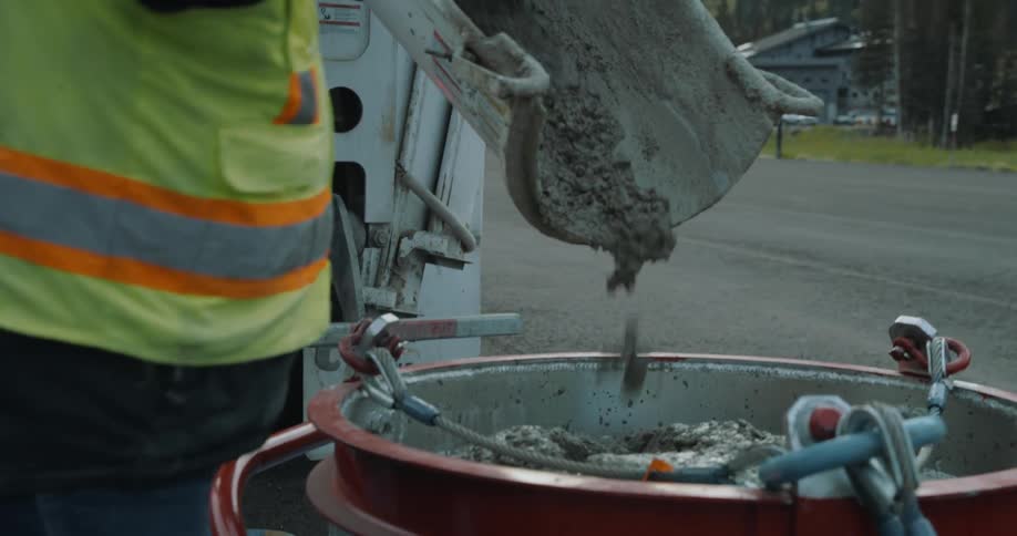 A worker is shoveling cement out of a truck's chute into a bucket