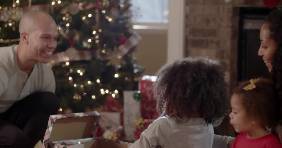 A young girl gets a cat for a christmas present