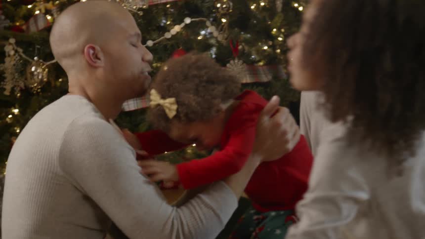 A family is gathered next to a christmas tree