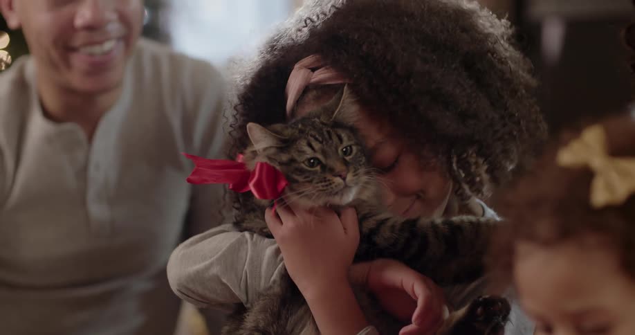 A girl hugs and rubs her face on her new cat