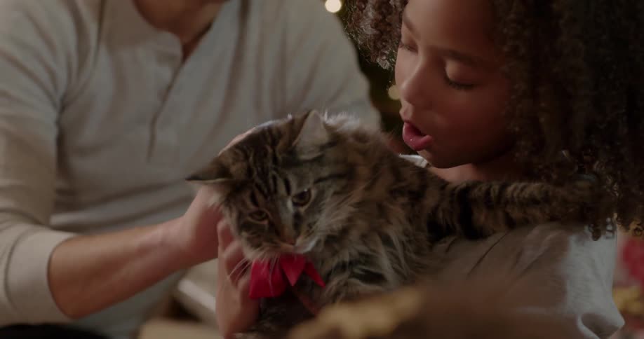 A young girl cuddles with a cat