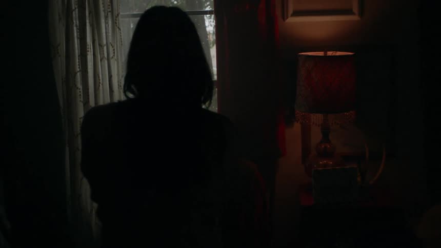 A woman stands at a window in a dark room