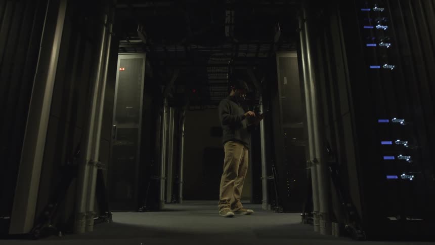 A person standing next to servers