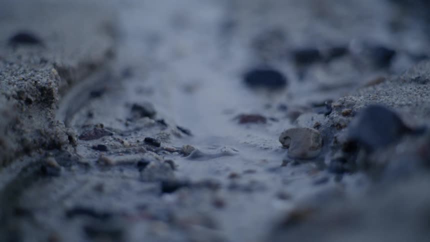 Water is trickling over a track in the mud