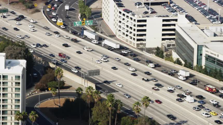 A very busy interstate is viewed from above