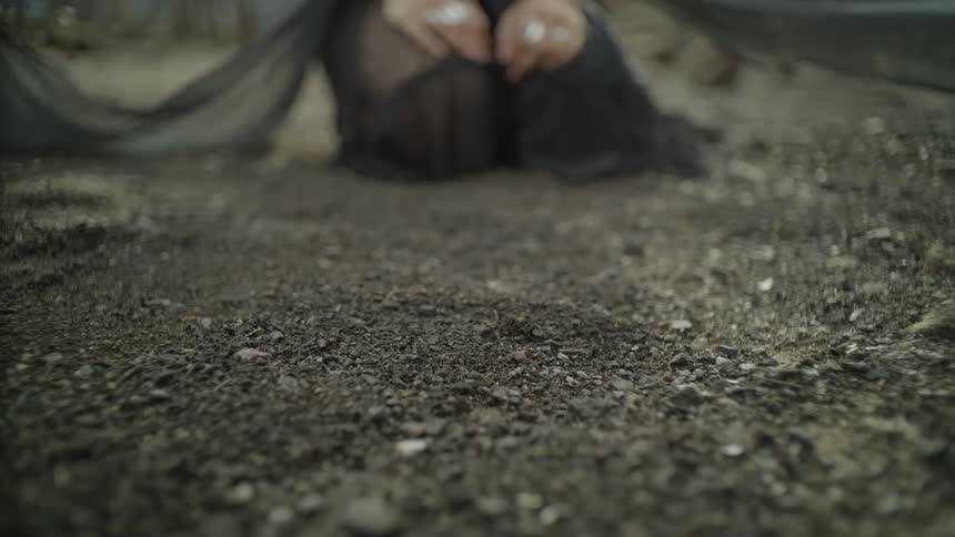 A person is kneeling in the dark soil on a windy day