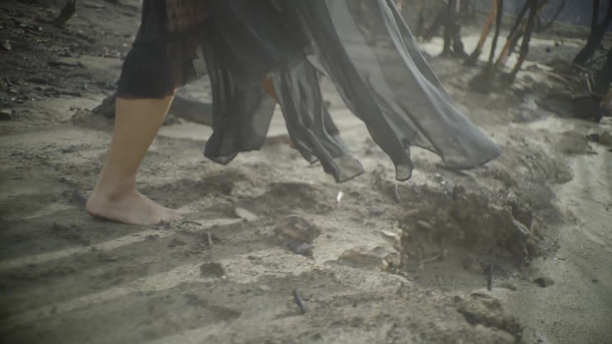 A woman in a sheer skirt walks through a sandy area with trees
