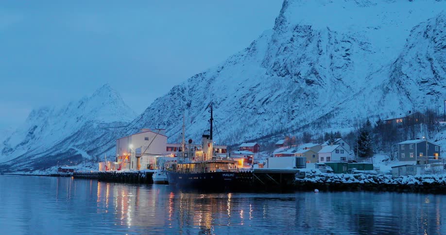 A boat sits docked near snow covered mountains