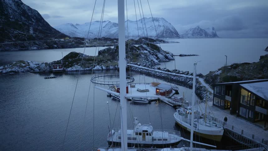 Boats are docked in a harbor on a winter day