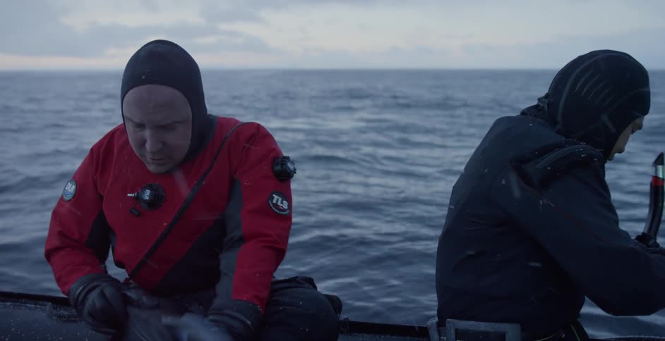 Two men are putting on diving gear as they sit in a dinghy as killer whales surface nearby