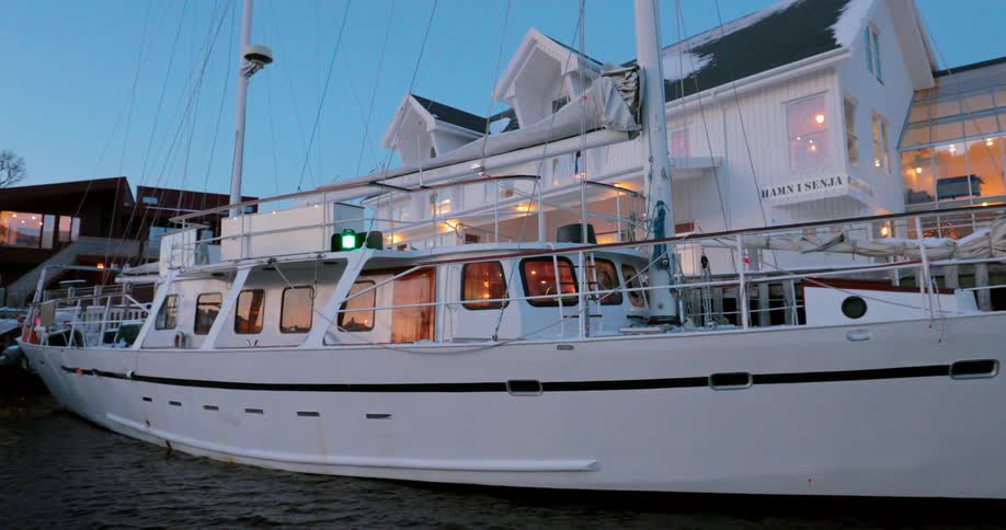 A boat sits docked by a small town
