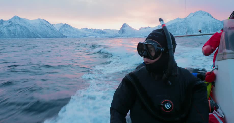 Men are sitting in diving gear on a boat as it speeds off a coastline at dawn