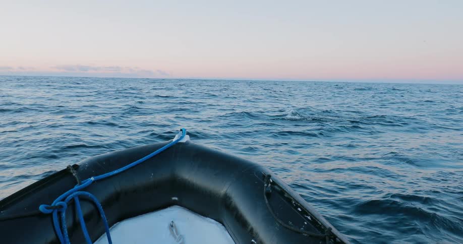 A raft floats near whales on the ocean at sunset