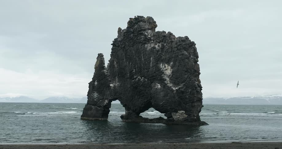 Birds fly around an Iceland rock formation near the shore