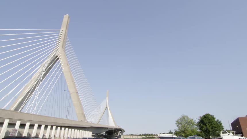A large bridge lines a clear sky
