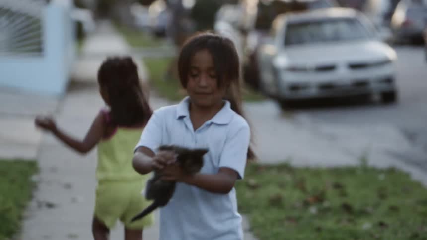 Children play outside on the sidewalk and one holds a kitten