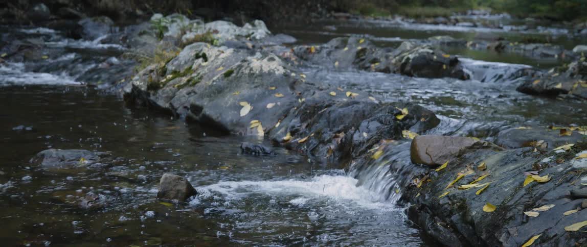 River water flows over and around rocks
