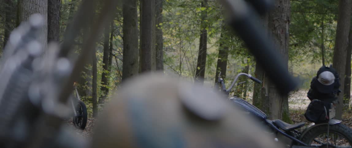 Person rides a motorcycle through the woods