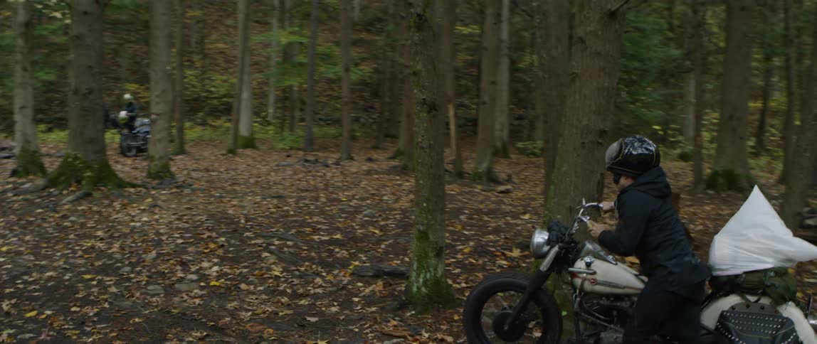 A person pushes a motorcycle between trees in the woods