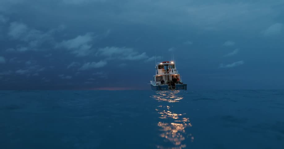 A diver bobs on the surface of the ocean near a boat at dusk