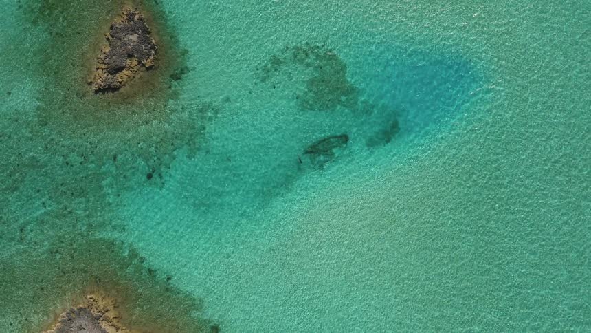 The clear ocean floor is scene from above the water