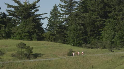 Bicyclists pedal through a grassy area