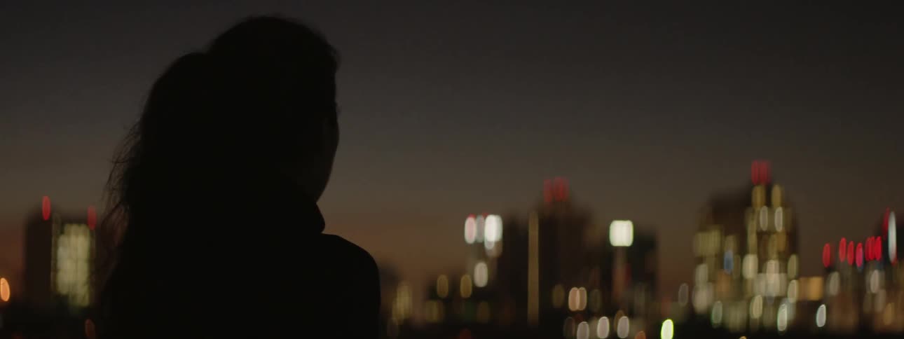 Silhouette of a woman looking at the city outside at night