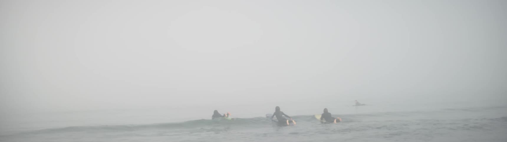 Three people ride surfboards on a cloudy day